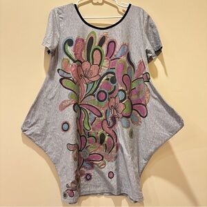 ZARA Women’s Tunic Metallic Floral Gray Short Sleeve Top Black Bow Tie Back 6/M